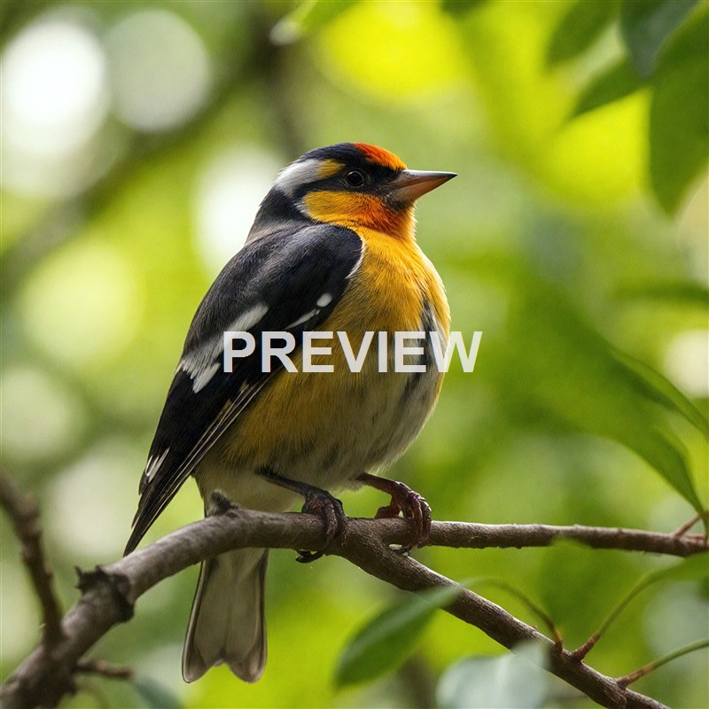 The image shows a colorful bird with yellow, black, white, and orange plumage perched on a thin branch with a blurred green leafy background. The bird's detailed feathers and vibrant colors are clearly visible, suggesting it is in a natural outdoor setting.